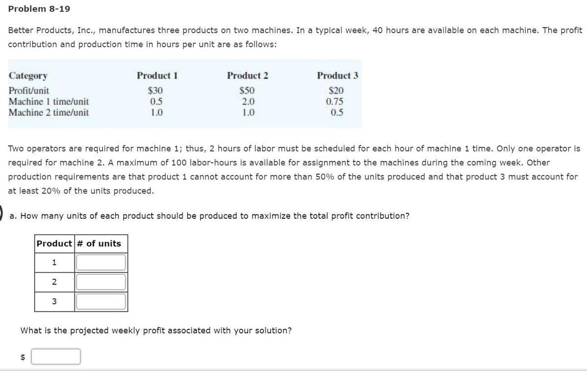 Problem 8-19
Better Products, Inc., manufactures three products on two machines. In a typical week, 40 hours are available on each machine. The profit
contribution and production time in hours per unit are as follows:
Category
Product 1
Product 2
Product 3
$30
$50
2.0
Profit/unit
$20
0.75
Machine 1 time/unit
0.5
1.0
Machine 2 time/unit
1.0
0.5
Two operators are required for machine 1; thus, 2 hours of labor must be scheduled for each hour of machine 1 time. Only one operator is
required for machine 2. A maximum of 100 labor-hours is available for assignment to the machines during the coming week. Other
production requirements are that product 1 cannot account for more than 50% of the units produced and that product 3 must account for
at least 20% of the units produced.
a. How many units of each product should be produced to maximize the total profit contribution?
Product # of units
2
What is the projected weekly profit associated with your solution?
$4
