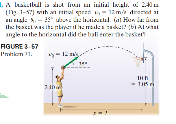 1. A basketball is shot from an initial height of 2.40 m
(Fig. 3–57) with an initial speed vo = 12 m/s directed at
an angle 00 = 35° above the horizontal. (a) How far from
the basket was the player if he made a basket? (b) At what
angle to the horizontal did the ball enter the basket?
FIGURE 3–57
Problem 71.
vo = 12 m/s
35°
10 ft
= 3.05 m
2.40 m
x = ?
