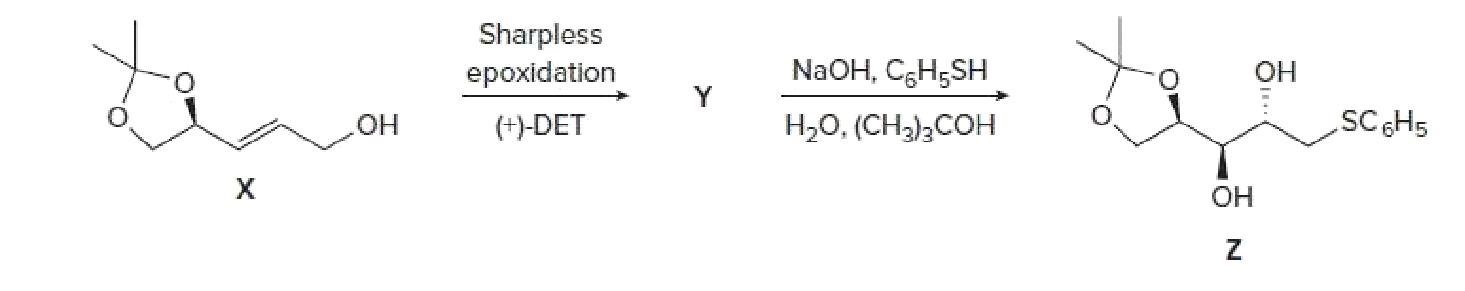 Sharpless
epoxidation
NaOH, CH;SH
OH
(+)-DET
H,0, (CH2);COH
.SCH5
х
он
