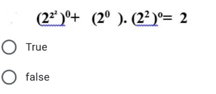 (22²)⁰+ (2⁰ ). (2²)⁰= 2
O True
O false