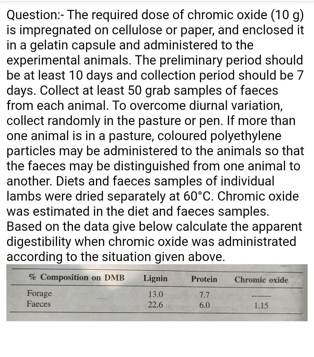 Question:- The required dose of chromic oxide (10 g)
is impregnated on cellulose or paper, and enclosed it
in a gelatin capsule and administered to the
experimental animals. The preliminary period should
be at least 10 days and collection period should be 7
days. Collect at least 50 grab samples of faeces
from each animal. To overcome diurnal variation,
collect randomly in the pasture or pen. If more than
one animal is in a pasture, coloured polyethylene
particles may be administered to the animals so that
the faeces may be distinguished from one animal to
another. Diets and faeces samples of individual
lambs were dried separately at 60°C. Chromic oxide
was estimated in the diet and faeces samples.
Based on the data give below calculate the apparent
digestibility when chromic oxide was administrated
according to the situation given above.
% Composition on DMB
Lignin
Protein
Chromic oxide
Forage
13.0
7.7
Faeces
22.6
6.0
1.15
