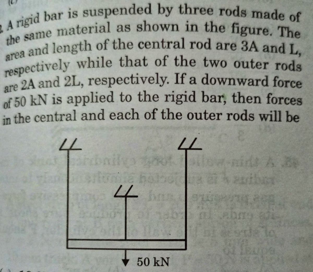 2 A rigid bar is suspended by three rods made of
the same material as shown in the figure. The
area and length of the central rod are 3A and L,
respectively while that of the two outer rods
are 2A and 2L, respectively. If a downward force
of 50 kN is applied to the rigid bar, then forces
in the central and each of the outer rods will be
LL
4
arba
Frite h
50 kN