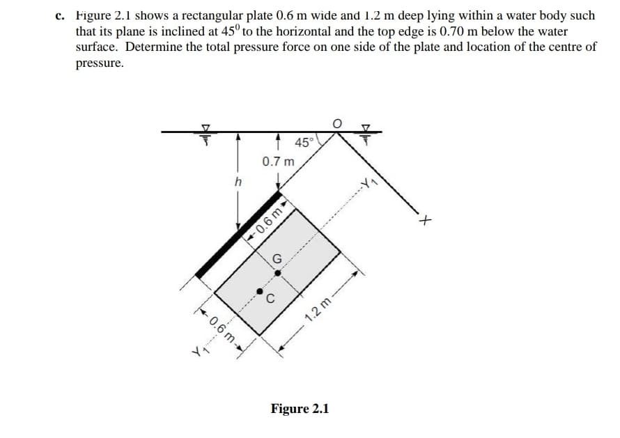 c. Figure 2.1 shows a rectangular plate 0.6 m wide and 1.2 m deep lying within a water body such
that its plane is inclined at 45° to the horizontal and the top edge is 0.70 m below the water
surface. Determine the total pressure force on one side of the plate and location of the centre of
pressure.
45°
0.7 m
h
t.
+0.6 m
G
+0.6 m+
1.2 m
Figure 2.1
