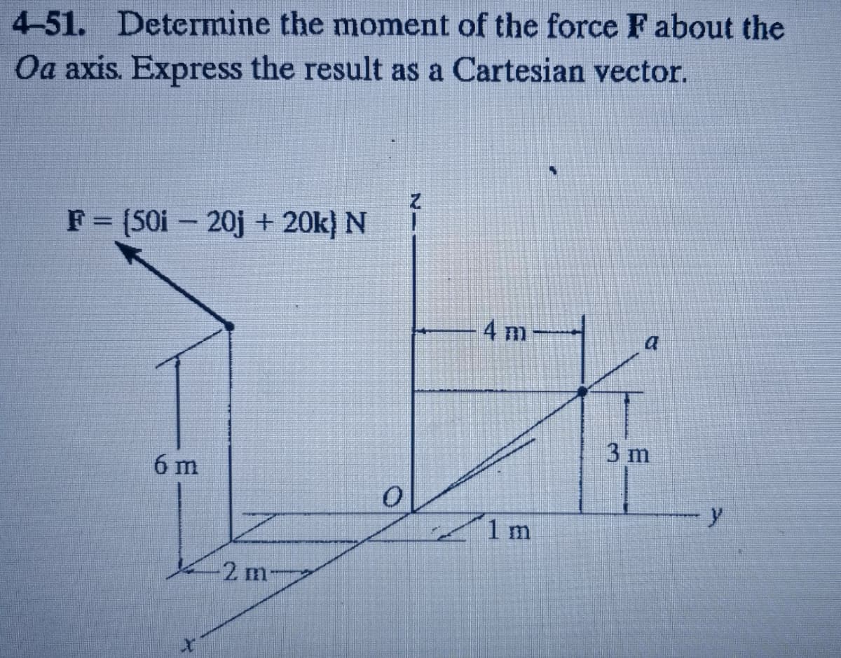 4-51. Determine the moment of the force F about the
Oa axis. Express the result as a Cartesian vector.
F (50i - 20j + 20k} N
%3D
4 m
3 m
6 m
y.
1 m
2 m
