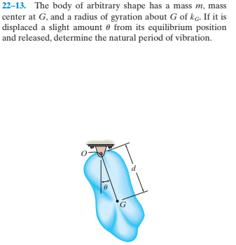 22–13. The body of arbitrary shape has a mass m, mass
center at G, and a radius of gyration about G of kg. If it is
displaced a slight amount e from its equilibrium position
and released, determine the natural period of vibration.

