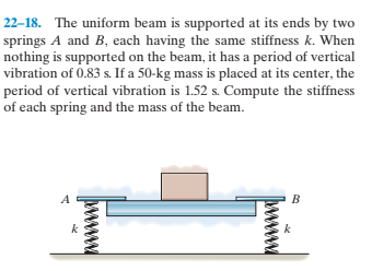 22-18. The uniform beam is supported at its ends by two
springs A and B, each having the same stiffness k. When
nothing is supported on the beam, it has a period of vertical
vibration of 0.83 s. If a 50-kg mass is placed at its center, the
period of vertical vibration is 1.52 s. Compute the stiffness
of each spring and the mass of the beam.
B.
