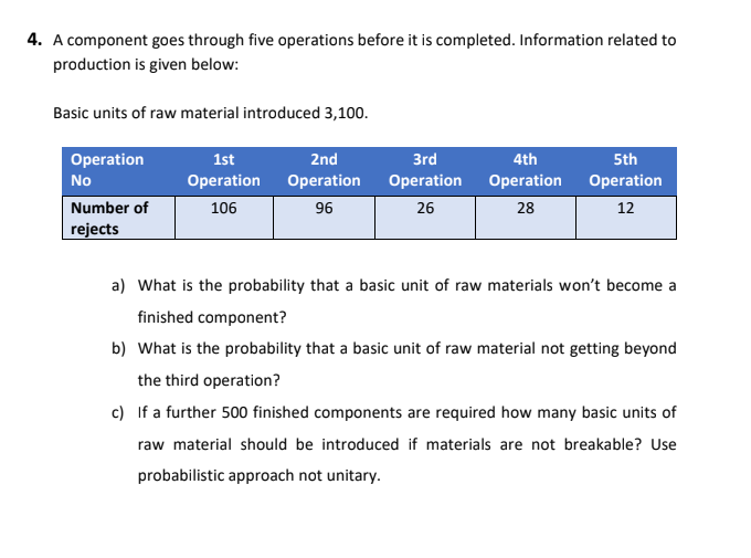 4. A component goes through five operations before it is completed. Information related to
production is given below:
Basic units of raw material introduced 3,100.
Operation
1st
2nd
3rd
4th
5th
No
Operation
Operation
Operation
Operation
Operation
Number of
rejects
106
96
26
28
12
a) What is the probability that a basic unit of raw materials won't become a
finished component?
b) What is the probability that a basic unit of raw material not getting beyond
the third operation?
c) If a further 500 finished components are required how many basic units of
raw material should be introduced if materials are not breakable? Use
probabilistic approach not unitary.
