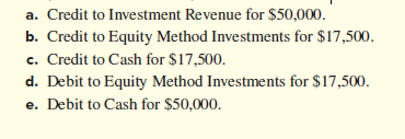 a. Credit to Investment Revenue for $50,000.
b. Credit to Equity Method Investments for $17,500.
c. Credit to Cash for $17,500.
d. Debit to Equity Method Investments for $17,500.
e. Debit to Cash for $50,000.

