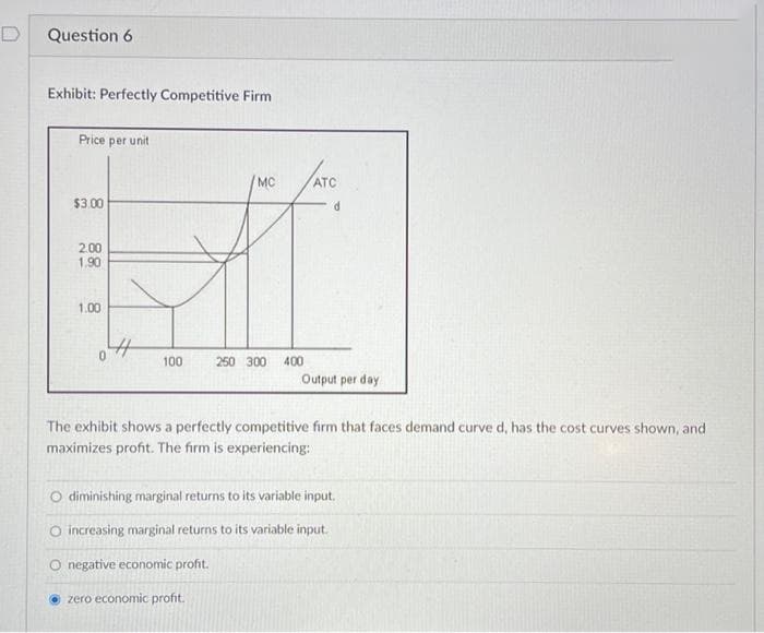 D.
Question 6
Exhibit: Perfectly Competitive Firm
Price per unit
MC
ATC
$3.00
P.
2,00
1.90
1.00
100
250 300 400
Output per day
The exhibit shows a perfectly competitive firm that faces demand curve d, has the cost curves shown, and
maximizes profit. The firm is experiencing:
O diminishing marginal returns to its variable input.
O increasing marginal returns to its variable input.
O negative economic profit.
zero economic profit.

