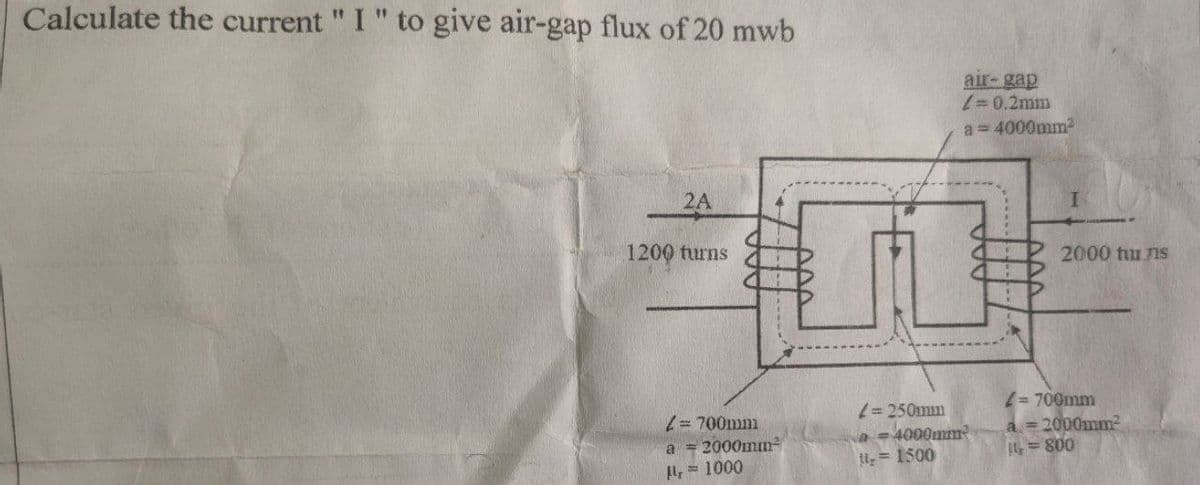 Calculate the current " I " to give air-gap flux of 20 mwb
2A
1200 turns
=700mm
a = 2000mm²
μl, = 1000
air-gap
/= 0.2mm
a = 4000mm²
I
2000 turis
L=250mm
a = 4000mm²
11₂= 1500
=700mm
a=2000mm²
11₂=800