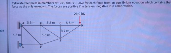 Calculate the forces in members BC, BE, and EF. Solve for each force from an equilibrium equation which contains that
force as the only unknown. The forces are positive if in tension, negative if in compression.
28.0 kN
A 5.5 m
B 5.5 m c 5.5 m
udy
3.7 m
5.5 m
5.5 m
