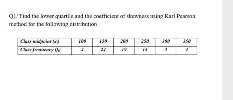 QI/ Find the lower quartile and the coefficient of skewness using Karl Pearson
method for the following distribution
Class midpoint (x)
Class frequency (fa
100
150
200
250
300
350
2
22
19
14
3
4
