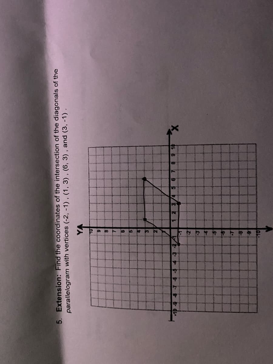 5. Extension: Find the coordinates of the intersection of the diagonals of the
parallelogram with vertices (-2, -1), (1, 3), (6, 3), and (3, -1).
YA
10
9
8
7
6
4
3
2
-10-9-8-7 -6 -5 4 3 2 1
5 6
7 8 9 10
X
1-1
-Z
-3
7
-5
in to t
T
-8
-8
-10
1 2 3,