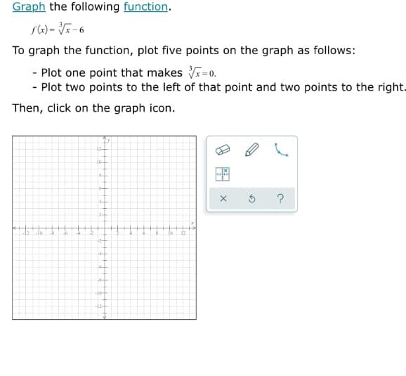 Graph the following function.
f(x) = x - 6
To graph the function, plot five points on the graph as follows:
- Plot one point that makes = 0.
- Plot two points to the left of that point and two points to the right.
Then, click on the graph icon.
-12-4
