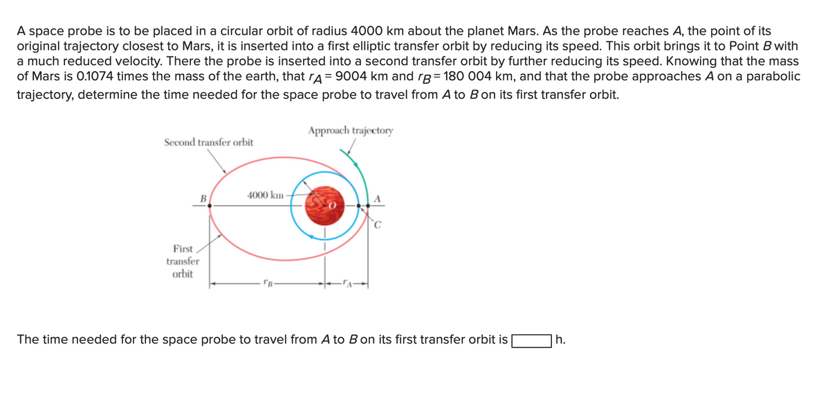 A space probe is to be placed in a circular orbit of radius 4o00 km about the planet Mars. As the probe reaches A, the point of its
original trajectory closest to Mars, it is inserted into a first elliptic transfer orbit by reducing its speed. This orbit brings it to Point B with
a much reduced velocity. There the probe is inserted into a second transfer orbit by further reducing its speed. Knowing that the mass
of Mars is 0.1074 times the mass of the earth, that ra= 9004 km and rg= 180 004 km, and that the probe approaches A on a parabolic
trajectory, determine the time needed for the space probe to travel from A to Bon its first transfer orbit.
Approach trajectory
Second transfer orbit
В
4000 km
First
transfer
orbit
The time needed for the space probe to travel from A to B on its first transfer orbit is
|h.
