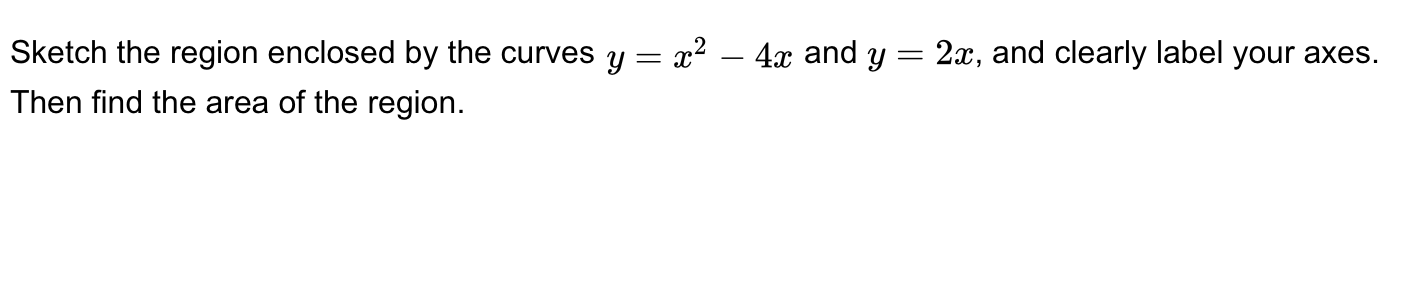 Sketch the region enclosed by the curves y = x² – 4x and y = 2x, and clearly label your axes.
Then find the area of the region.
