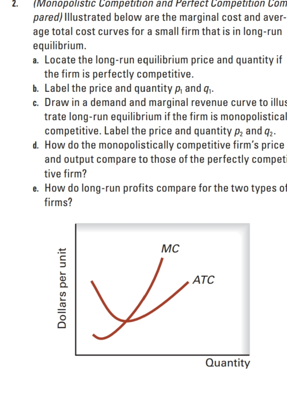 (Monopolistic Competition an
pared)|llustrated below are the marginal cost and aver-
age total cost curves for a small firm that is in long-run
equilibrium.
a. Locate the long-run equilibrium price and quantity if
the firm is perfectly competitive.
b. Label the price and quantity p, and q,.
c. Draw in a demand and marginal revenue curve to illus
trate long-run equilibrium if the firm is monopolistica
competitive. Label the price and quantity p, and q,.
d. How do the monopolistically competitive firm's price
and output compare to those of the perfectly compet
(/мопороistic
тре
Competitionh Com
tive firm?
e. How do long-run profits compare for the two types o
firms?
