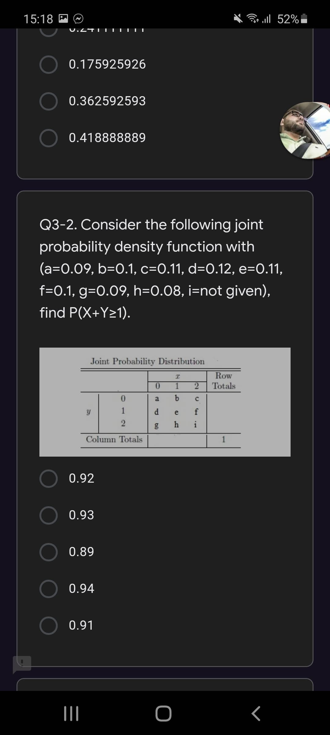 Q3-2. Consider the following joint
probability density function with
(a=0.09, b=0.1, c=0.11, d=0.12, e=0.11,
f=0.1, g=0.09, h=0.08, i=not given),
find P(X+Y>1).
Joint Probability Distribution
Row
0.
1
Totals
0.
a
1
d.
e
f
Column Totals
0.92
0.93
0.89
0.94
0.91
9,
