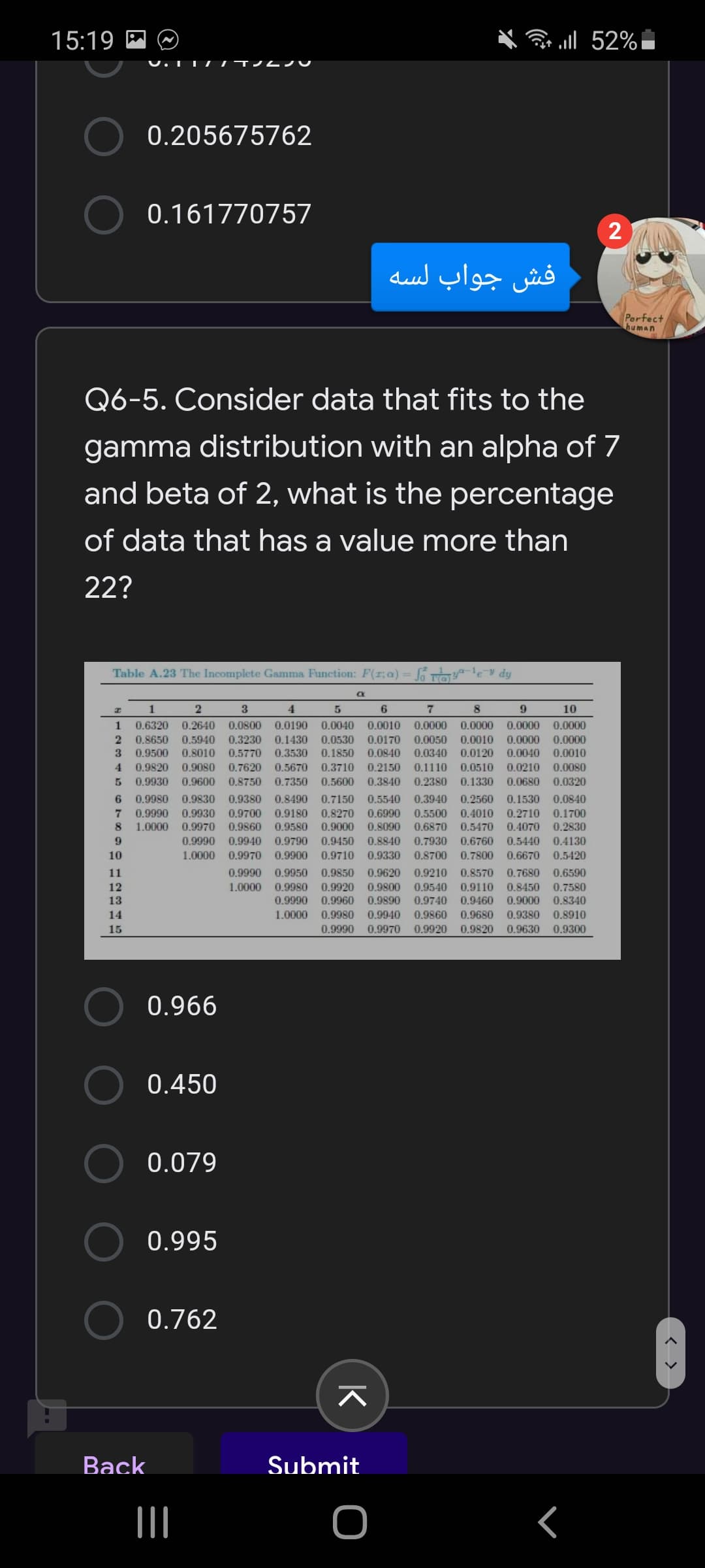 Q6-5. Consider data that fits to the
gamma distribution with an alpha of 7
and beta of 2, what is the percentage
of data that has a value more than
22?
