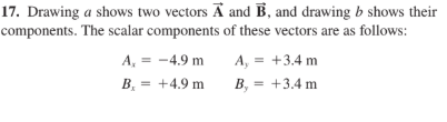 17. Drawing a shows two vectors A and B, and drawing b shows their
components. The scalar components of these vectors are as follows:
A, = -4.9 m
A, = +3.4 m
B, = +4.9 m
B, = +3.4 m
