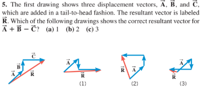 5. The first drawing shows three displacement vectors, Ā, B, and C,
which are added in a tail-to-head fashion. The resultant vector is labeled
R. Which of the following drawings shows the correct resultant vector for
A + B - Č? (a) 1 (b) 2 (c) 3
B'
R
A
R
R
R
(1)
(2)
(3)
