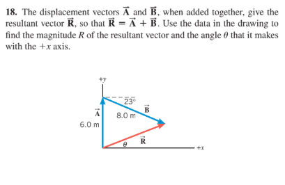 18. The displacement vectors Ā and B, when added together, give the
resultant vector R, so that R = A + B. Use the data in the drawing to
find the magnitude R of the resultant vector and the angle 0 that it makes
with the +x axis.
23
B
8.0 m
6.0 m
+x
