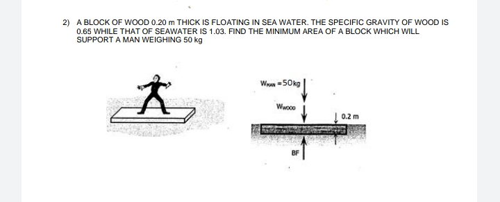 2) A BLOCK OF WOOD 0.20 m THICK IS FLOATING IN SEA WATER. THE SPECIFIC GRAVITY OF WOOD IS
0.65 WHILE THAT OF SEAWATER IS 1.03. FIND THE MINIMUM AREA OF A BLOCK WHICH WILL
SUPPORT A MAN WEIGHING 50 kg
WHn =50kg
Wwcco
0.2 m
BF
