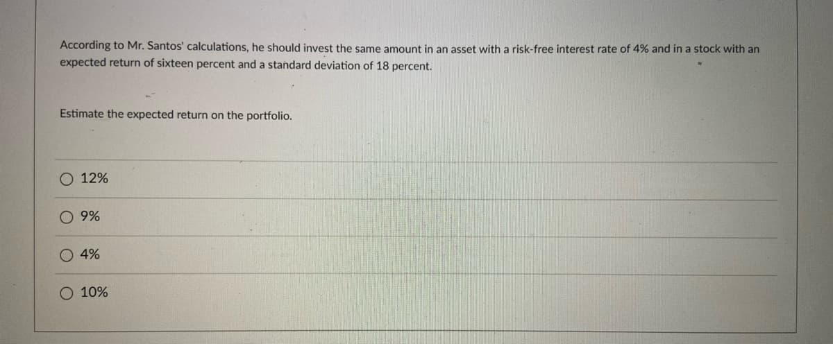 According to Mr. Santos' calculations, he should invest the same amount in an asset with a risk-free interest rate of 4% and in a stock with an
expected return of sixteen percent and a standard deviation of 18 percent.
Estimate the expected return on the portfolio.
12%
9%
4%
10%