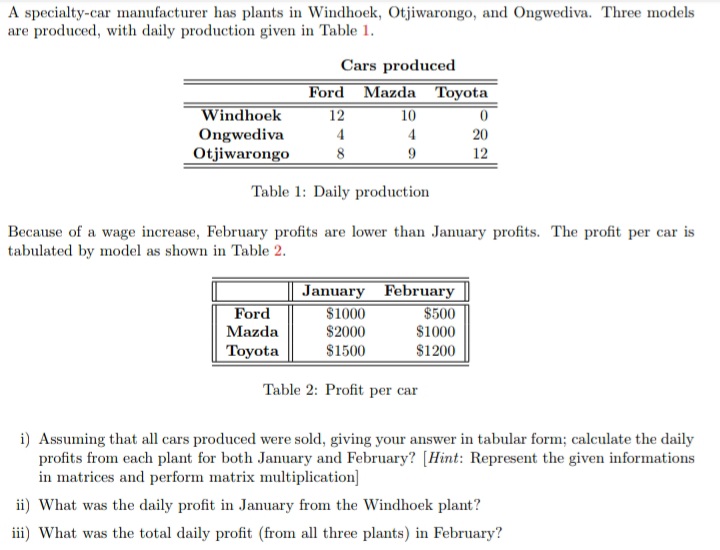 A specialty-car manufacturer has plants in Windhoek, Otjiwarongo, and Ongwediva. Three models
are produced, with daily production given in Table 1.
Cars produced
Ford Mazda Toyota
10
Windhoek
12
Ongwediva
4
20
Otjiwarongo
8
12
Table 1: Daily production
Because of a wage increase, February profits are lower than January profits. The profit per car is
tabulated by model as shown in Table 2.
Ford
Mazda
January February
$500
$1000
$1000
$2000
Toyota
$1500
$1200
Table 2: Profit per car
i) Assuming that all cars produced were sold, giving your answer in tabular form; calculate the daily
profits from each plant for both January and February? [Hint: Represent the given informations
in matrices and perform matrix multiplication]
ii) What was the daily profit in January from the Windhoek plant?
iii) What was the total daily profit (from all three plants) in February?
