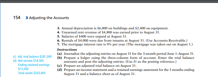 154 3 Adjusting the Accounts
(c) Adj. trial balance $281,000
(d) Net income $18,300
Ending retained earnings
$13,300
Total assets $203,400
3. Annual depreciation is $6,000 on buildings and $2,400 on equipment.
4. Unearned rent revenue of $4,800 was earned prior to August 31.
5. Salaries of $400 were unpaid at August 31.
6. Rentals of $4,000 were due from tenants at August 31. (Use Accounts Receivable.)
7. The mortgage interest rate is 9% per year. (The mortgage was taken out on August 1.)
Instructions
(a) Journalize the adjusting entries on August 31 for the 3-month period June 1-August 31.
(b) Prepare a ledger using the three-column form of account. Enter the trial balance
amounts and post the adjusting entries. (Use J1 as the posting reference.)
(c) Prepare an adjusted trial balance on August 31.
(d) Prepare an income statement and a retained earnings statement for the 3 months ending
August 31 and a balance sheet as of August 31.