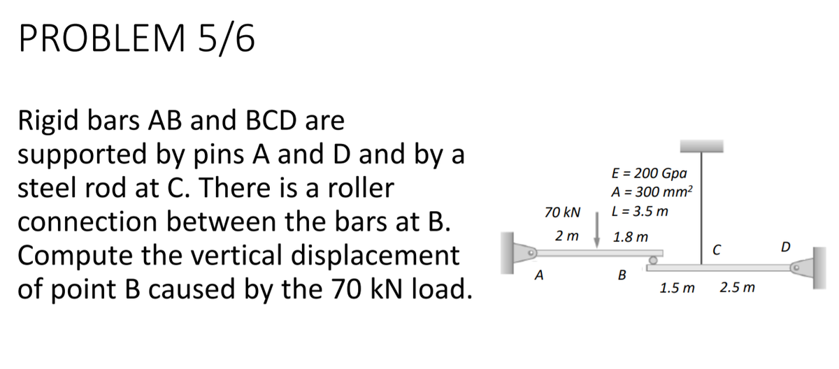PROBLEM 5/6
Rigid bars AB and BCD are
supported by pins A and D and by a
steel rod at C. There is a roller
E = 200 Gpa
A = 300 mm²
L = 3.5 m
70 kN
connection between the bars at B.
2 m
1.8 m
D
Compute the vertical displacement
of point B caused by the 70 kN load.
A
1.5 m
2.5 m
