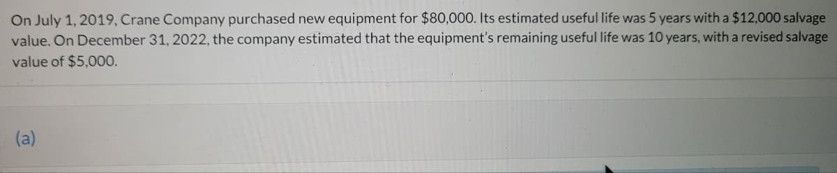 On July 1, 2019, Crane Company purchased new equipment for $80,000. Its estimated useful life was 5 years with a $12,000 salvage
value. On December 31, 2022, the company estimated that the equipment's remaining useful life was 10 years, with a revised salvage
value of $5,000.
(a)
