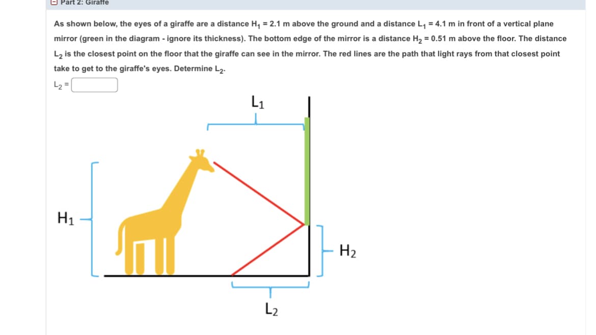 Part 2: Giraffe
As shown below, the eyes of a giraffe are a distance H₁ = 2.1 m above the ground and a distance L₁ = 4.1 m in front of a vertical plane
mirror (green in the diagram - ignore its thickness). The bottom edge of the mirror is a distance H₂ = 0.51 m above the floor. The distance
L₂ is the closest point on the floor that the giraffe can see in the mirror. The red lines are the path that light rays from that closest point
take to get to the giraffe's eyes. Determine L2.
L₂=
Н1
L₁
L₂
H₂
