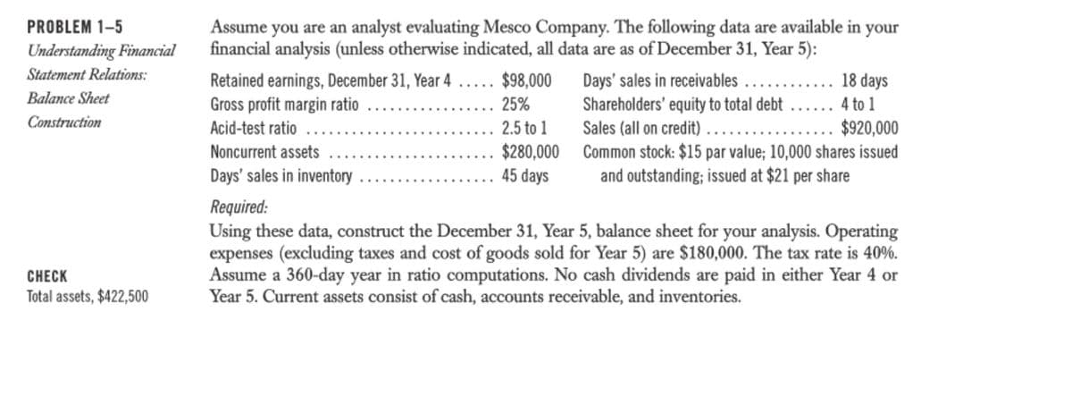 PROBLEM 1-5
Assume you are an analyst evaluating Mesco Company. The following data are available in your
financial analysis (unless otherwise indicated, all data are as of December 31, Year 5):
Retained earnings, December 31, Year 4 ..... $98,000 Days' sales in receivables .
Shareholders' equity to total debt
Sales (all on credit) . ...
Understanding Financial
Statement Relations:
18 days
Balance Sheet
Gross profit margin ratio
Acid-test ratio
25%
4 to 1
Construction
$920,000
$280,000 Common stock: $15 par value; 10,000 shares issued
and outstanding; issued at $21 per share
2.5 to 1
Noncurrent assets
Days' sales in inventory
45 days
Required:
Using these data, construct the December 31, Year 5, balance sheet for your analysis. Operating
expenses (excluding taxes and cost of goods sold for Year 5) are $180,000. The tax rate is 40%.
Assume a 360-day year in ratio computations. No cash dividends are paid in either Year 4 or
Year 5. Current assets consist of cash, accounts receivable, and inventories.
CHECK
Total assets, $422,500
