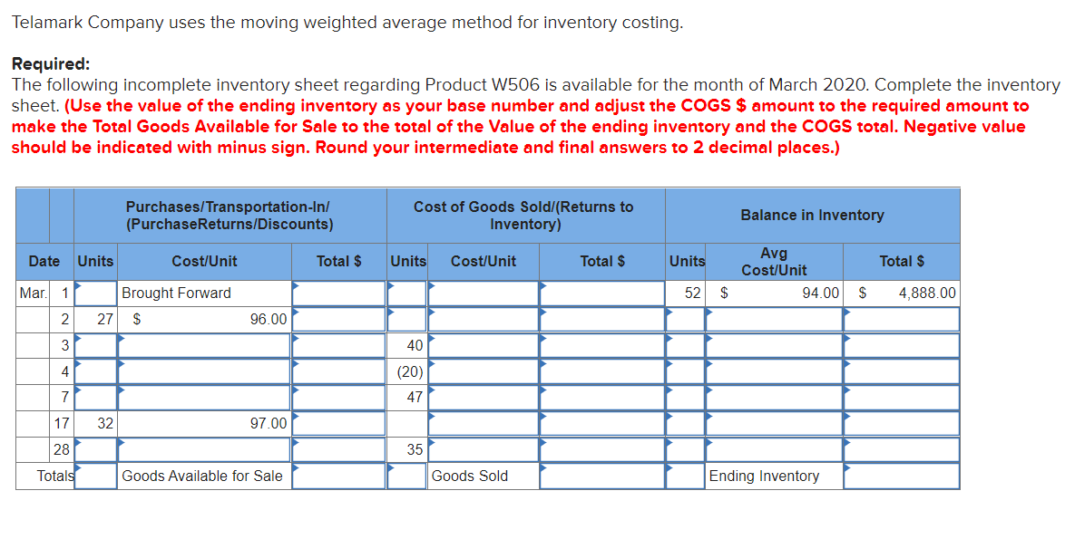 Telamark Company uses the moving weighted average method for inventory costing.
Required:
The following incomplete inventory sheet regarding Product W506 is available for the month of March 2020. Complete the inventory
sheet. (Use the value of the ending inventory as your base number and adjust the COGS $ amount to the required amount to
make the Total Goods Available for Sale to the total of the Value of the ending inventory and the COGS total. Negative value
should be indicated with minus sign. Round your intermediate and final answers to 2 decimal places.)
Purchases/Transportation-In/
(PurchaseReturns/Discounts)
Cost of Goods Sold/(Returns to
Inventory)
Balance in Inventory
Avg
Cost/Unit
Date
Units
Cost/Unit
Total $
Units
Cost/Unit
Total $
Units
Total $
Mar.
1
Brought Forward
52
$
94.00
4,888.00
2
27
96.00
3
40
4
(20)
7
47
17
32
97.00
28
35
Totals
Goods Available for Sale
Goods Sold
Ending Inventory
