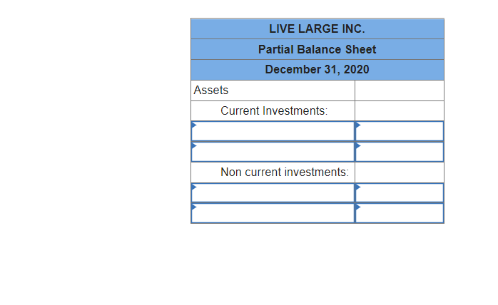 LIVE LARGE INC.
Partial Balance Sheet
December 31, 2020
Assets
Current Investments:
Non current investments:
