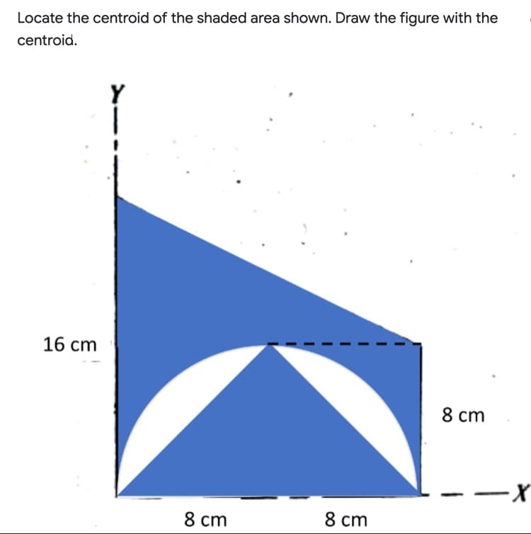 Locate the centroid of the shaded area shown. Draw the figure with the
centroid.
16 cm
8 cm
8 cm
8 cm
-X