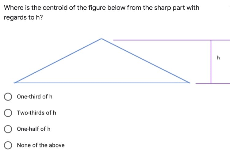 Where is the centroid of the figure below from the sharp part with
regards to h?
One-third of h
OTwo-thirds of h
One-half of h
None of the above
h
