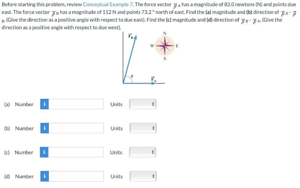 Before starting this problem, review Conceptual Example 7. The force vector A has a magnitude of 82.0 newtons (N) and points due
east. The force vector has a magnitude of 112 N and points 73.2 ° north of east. Find the (a) magnitude and (b) direction of A
B. (Give the direction as a positive angle with respect to due east). Find the (c) magnitude and (d) direction of B-A. (Give the
direction as a positive angle with respect to due west).
(a) Number
(b) Number i
(c) Number
i
(d) Number i
Units
Units
Units
Units
FB
W
S
E