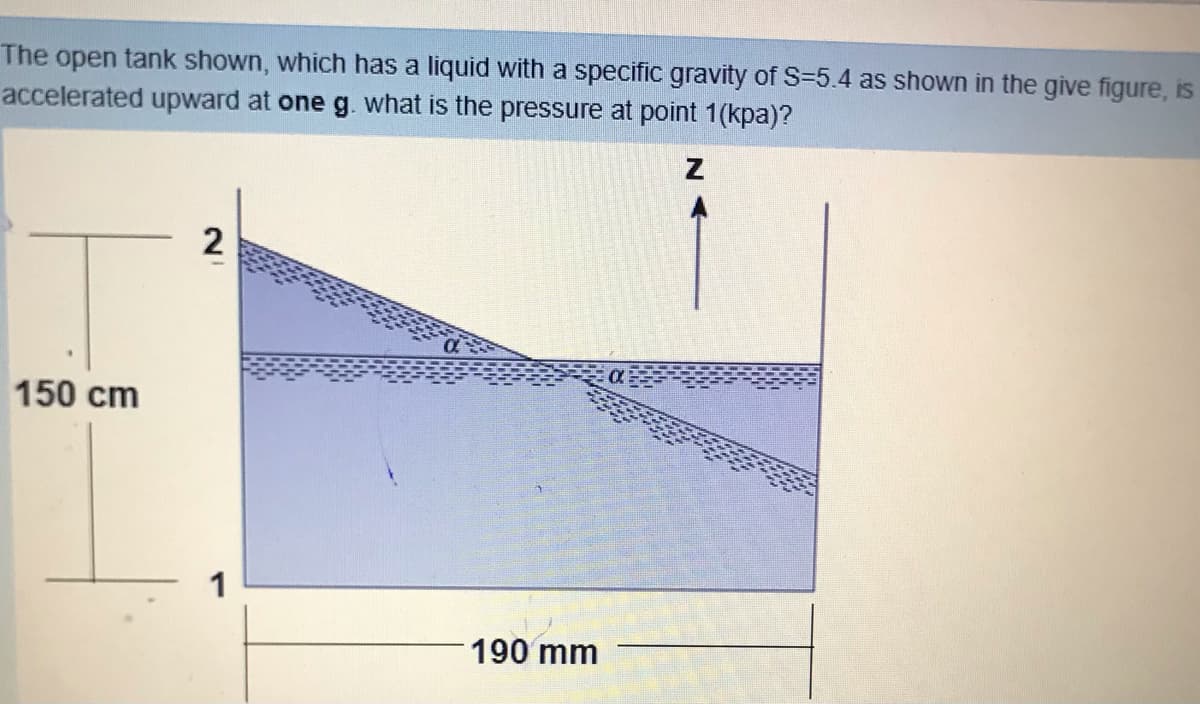 The open tank shown, which has a liquid with a specific gravity of S=5.4 as shown in the give figure, is
accelerated upward at one g. what is the pressure at point 1(kpa)?
2
150 cm
1
190 mm
