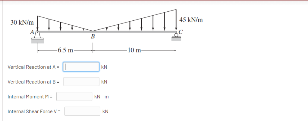 30 kN/m
45 kN/m
A
В
-6.5 m
-10 m.
Vertical Reaction at A =
kN
Vertical Reaction at B =
kN
Internal Moment M =
kN - m
Internal Shear Force V =
kN
