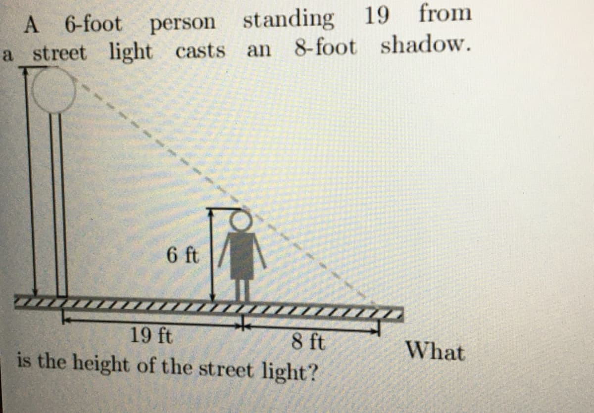 A 6-foot person standing 19 from
a street light casts an 8-foot shadow.
6 ft
19 ft
8 ft
is the height of the street light?
What
