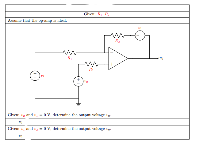 Given: R1, R2.
Assume that the op-amp is ideal.
R2
R1
R1
Given: v2 and vi = 0 V, determine the output voltage vo-
Given: v1 and vg = 0 V, determine the output voltage vo.

