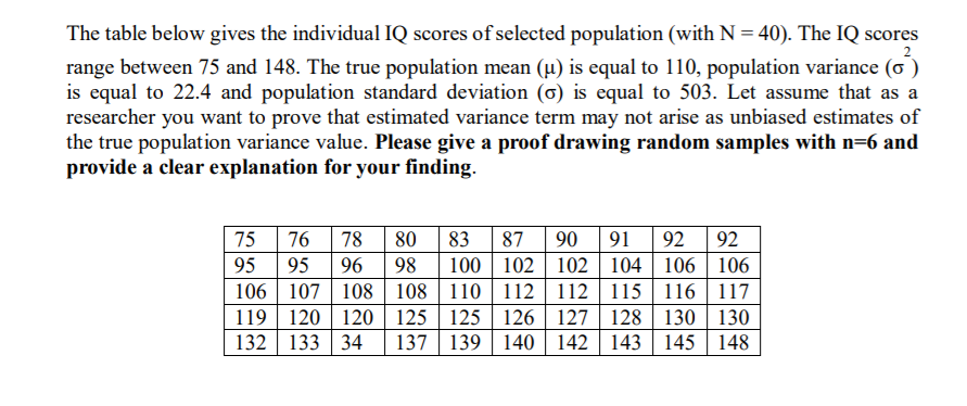 The table below gives the individual IQ scores of selected population (with N = 40). The IQ scores
range between 75 and 148. The true population mean (µ) is equal to 110, population variance (o )
is equal to 22.4 and population standard deviation (6) is equal to 503. Let assume that as a
researcher you want to prove that estimated variance term may not arise as unbiased estimates of
the true population variance value. Please give a proof drawing random samples with n=6 and
provide a clear explanation for your finding.
80 83
100 | 102
106 107 108 | 108 | 110 | 112 | 112 | 115 | 116 | 117
119 120 | 120 | 125 | 125 126 | 127 | 128 | 130 | 130
90
76
95
75
78
87
91
92
92
95
96
98
102 104 | 106 | 106
132 133 34
137 139 140 | 142 | 143 145 148
