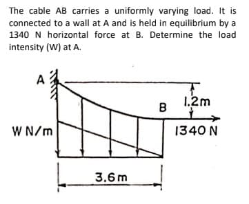 The cable AB carries a uniformly varying load. It is
connected to a wall at A and is held in equilibrium by a
1340 N horizontal force at B. Determine the load
intensity (W) at A.
1.2m
B
W N/m
1340 N
3.6m
