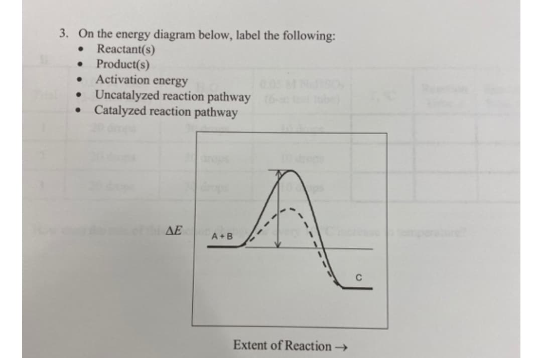 3. On the energy diagram below, label the following:
Reactant(s)
• Product(s)
Activation energy
• Uncatalyzed reaction pathway
Catalyzed reaction pathway
obe)
AE
A+B
Extent of Reaction
