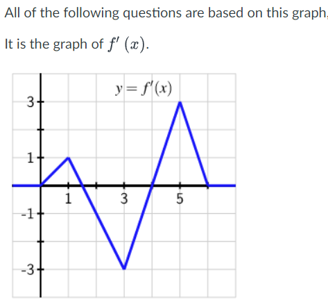 All of the following questions are based on this graph,
It is the graph of f'(x).
3+
-1
-3+
1
y = f'(x)
3
5
