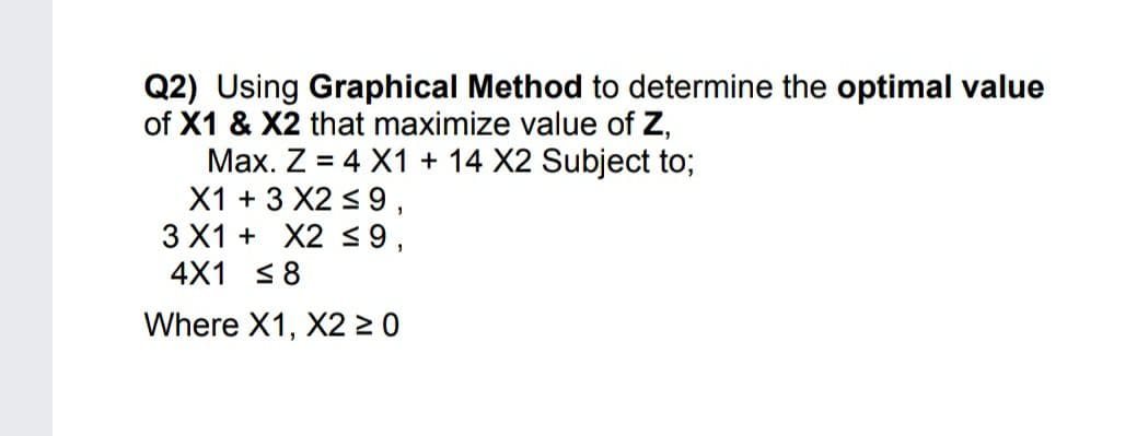 Q2) Using Graphical Method to determine the optimal value
of X1 & X2 that maximize value of Z,
Max. Z = 4 X1 + 14 X2 Subject to;
X1 + 3 X2 s 9,
3 X1 + X2 9,
4X1 <8
Where X1, X2 > 0
