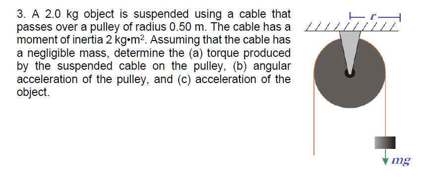 3. A 2.0 kg object is suspended using a cable that
passes over a pulley of radius 0.50 m. The cable has a L/////////
moment of inertia 2 kg•m?. Assuming that the cable has
a negligible mass, determine the (a) torque produced
by the suspended cable on the pulley, (b) angular
acceleration of the pulley, and (c) acceleration of the
object.
– r-
V mg
