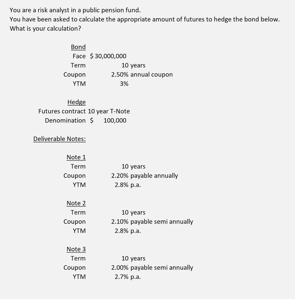 You are a risk analyst in a public pension fund.
You have been asked to calculate the appropriate amount of futures to hedge the bond below.
What is your calculation?
Bond
Face $ 30,000,000
Term
10 years
Coupon
2.50% annual coupon
YTM
3%
Hedge
Futures contract 10 year T-Note
Denomination $
100,000
Deliverable Notes:
Note 1
Term
10 years
Coupon
2.20% payable annually
YTM
2.8% p.a.
Note 2
Term
10 years
2.10% payable semi annually
2.8% p.a.
Coupon
YTM
Note 3
Term
10 years
2.00% payable semi annually
2.7% р.а.
Coupon
YTM
